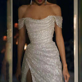 Elegant Off-the-shoulder Sleeveless A-line Sequined Wedding Dress With Slit